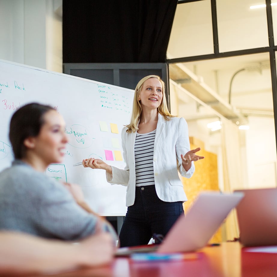 Woman giving a ad strategy presentation to a woman in front of a laptop