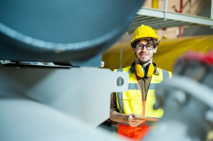 A man wearing a safety vest and hard hat stands in front of a large industrial machine, ensuring workplace safety.