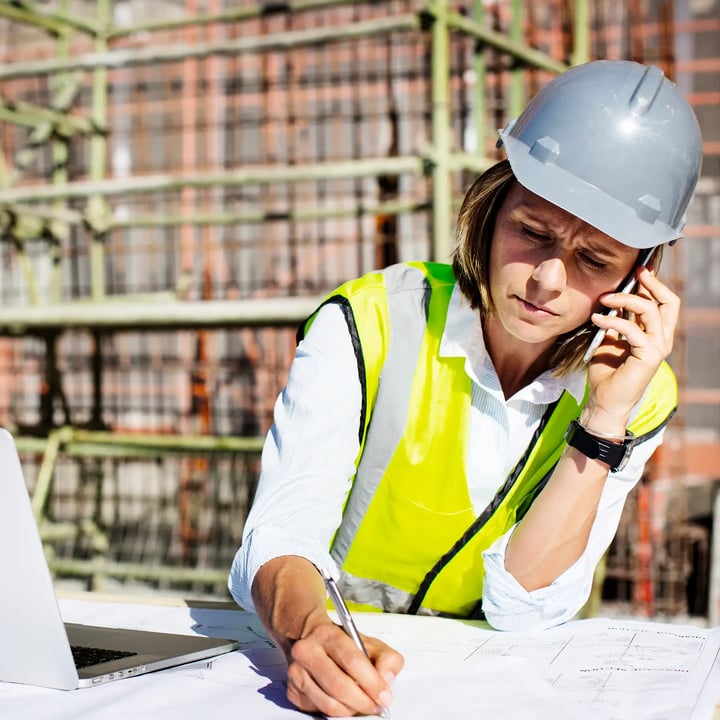 Une femme portant un casque et un gilet de sécurité est engagée dans une conversation téléphonique sur un chantier de construction.