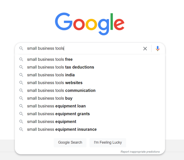 A preview of search results on Google for the keyword small business tools. 