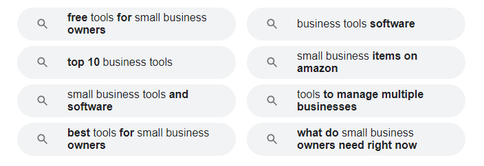 Search suggestions at the bottom of the SERP for the keyword small business tools.