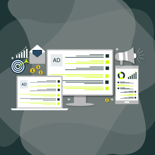 An animation of a computer showing various methods of online advertising.