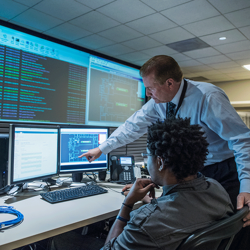 Science and technology specialists working on computers in an office environment.