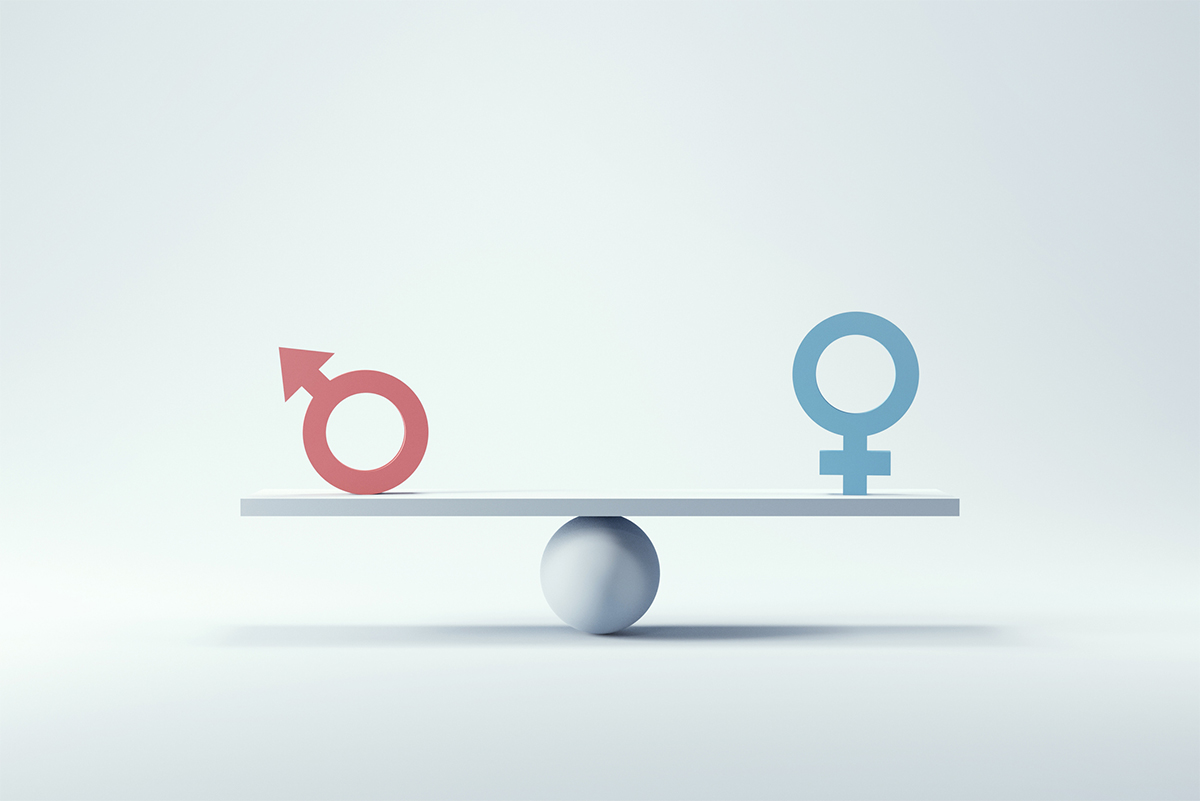 A sphere propping up a pedestal showing an equal balance between two gender symbols. 