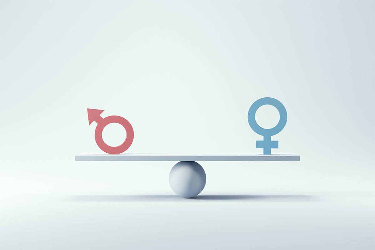 A sphere propping up a pedestal showing an equal balance between two gender symbols. 